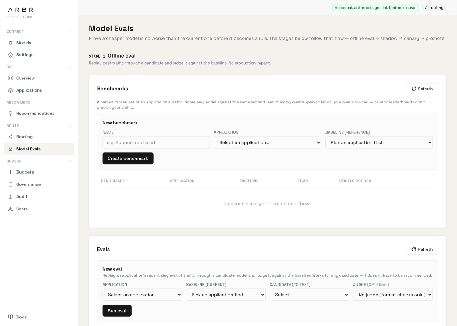 The Model Evals page showing the four-stage pipeline with the Benchmarks and Evals cards