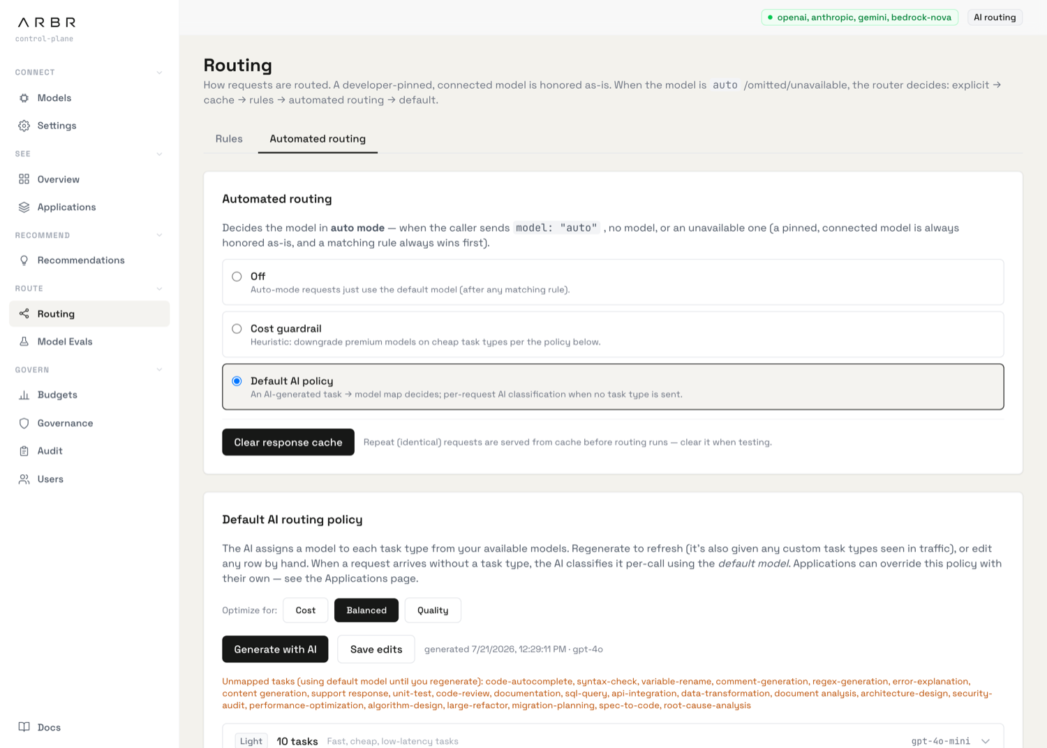The automated routing tab with the AI policy editor: mode selector, Optimize-for buttons, and the task-to-model tier cards